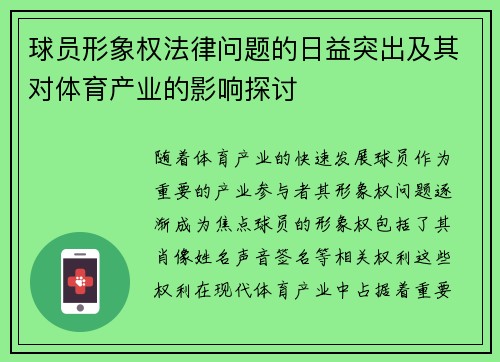 球员形象权法律问题的日益突出及其对体育产业的影响探讨