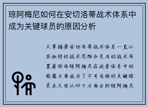 琼阿梅尼如何在安切洛蒂战术体系中成为关键球员的原因分析